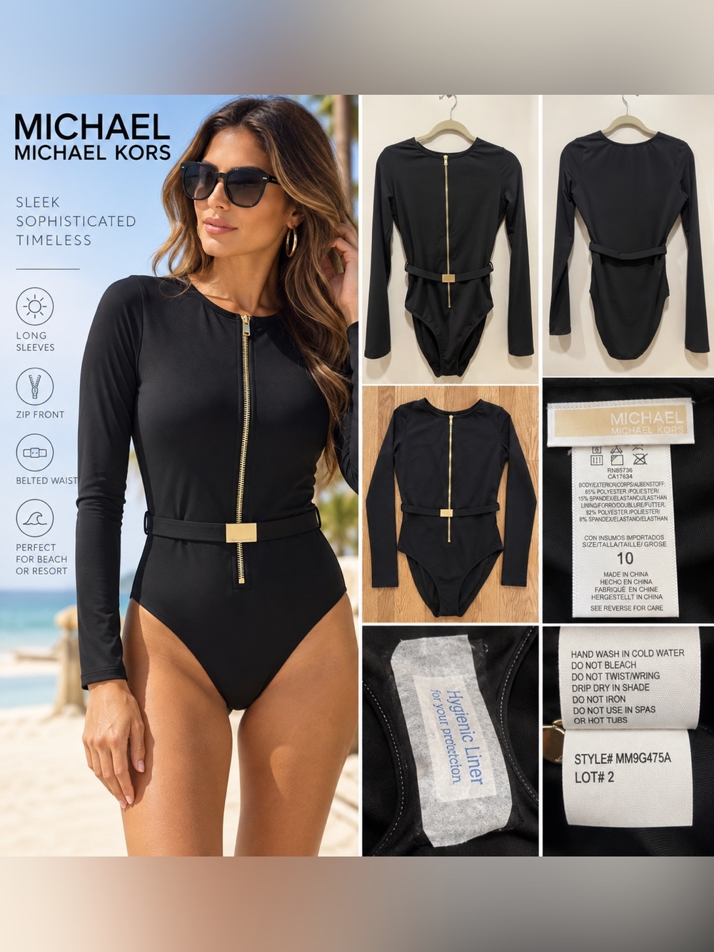 MICHAEL Michael Kors Black Belted Long Sleeve One Piece Swimsuit Sz 10